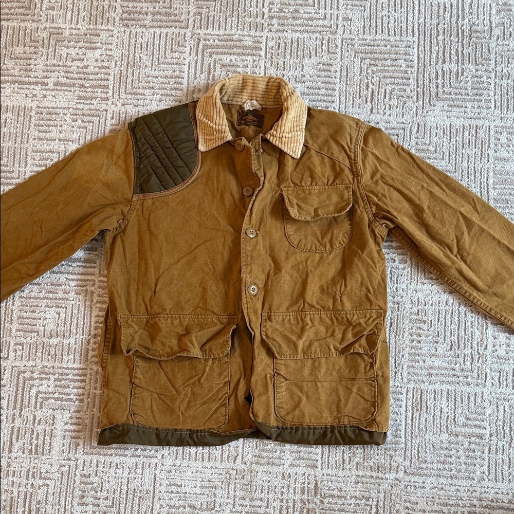 Vintage Saftbak Duck Canvas Hunting Jacket Tan Green Quilted w/ Corduroy Collar
